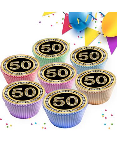 50TH BIRTHDAY AGE 50 ANNIVERSARY BLACK & GOLD EDIBLE ICING CUPCAKE TOPPERS DECORATIONS x 24