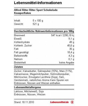  Ritter Sport Alfred Ritter Ritter Sport Pack of 5 chocolate corn flakes 100g - Buy Online on GoSupps.com