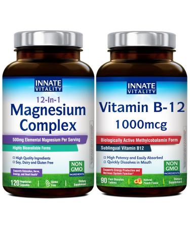 Innate Vitality Magnesium Complex & Vitamin B12 1000mcg Bundle No Gluten & Vegan Magnesium (120 Caps) & Vitamin B12 (90 Fast Dissolve Tabs) Value Pack Bundle & Save