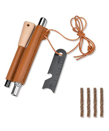 AUBEY Fire Starter Survival Tool, Wood Handle Flint and Steel Fire Starter Kit, Fire Bellowing, Wax Infused Tinder Rope & Multi-Tool Striker for Emergency Survival Brown