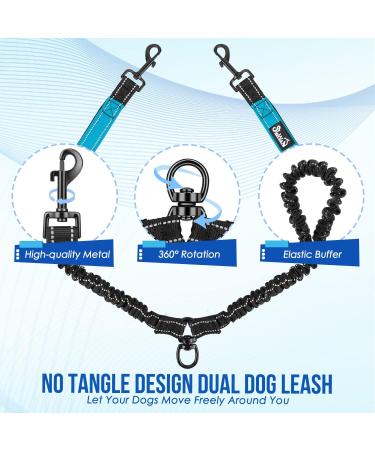 Eyein Double Dog Leash No Tangle - 360 Swivel Heavy Duty Reflective Lead for 2 Small/Medium Dogs, Blue - Dual Handle, Shock Absorbing, Comfortable Walking Training Splitter - M(3kg-16kg) - Buy Online on GoSupps.com