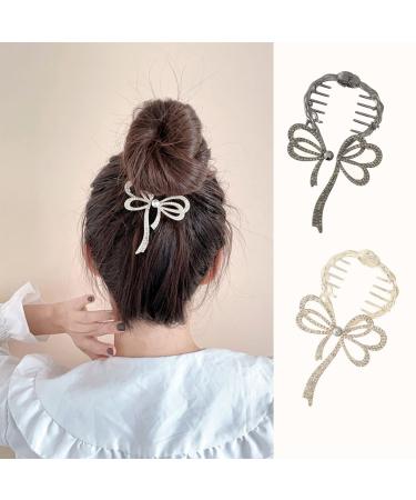 2 PCS Luxury Bow Ponytail Buckle Hair Pin Pearl Butterfly Hairpin Glaring Hair Clips Rhinestones Barrettes Korean Style Hair Accessories for Women Girls (Gold + Black)