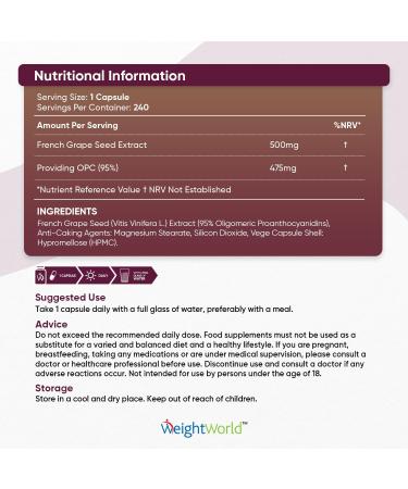 Grape Seed Extract Capsules - 240 Vegan Capsules (8 Months Supply) - 500mg per Capsule - 95% OPC - Polyphenol Supplement for Men & Women - Buy Online on GoSupps.com