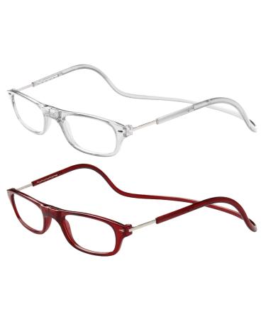 TBOC Pack: Reading Glass reading aid for men - (two units) Diopttria +2.50 Transparent and Bordeaux version Strength PC Mobile phone foldable woman man man magnet clip anti -sightedness presbyopia +2.50 dioptria (2 Pack) Transparent +bordeauxx
