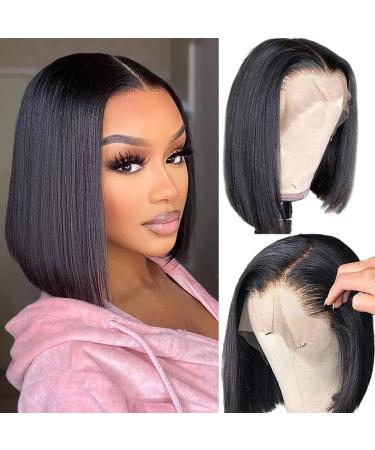 Bob Wig Human Hair Straight Lace Front Wigs Pre Plucked for Black Women 10 Inch 13x4 HD Frontal Lace Wigs Glueless Black Bob Wig 180% Density Natural color 10 Inch 13x4 bob