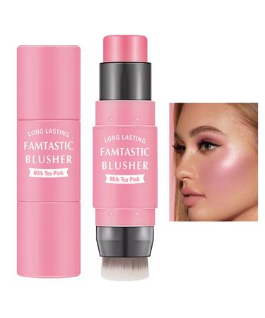 Cream Blush Stick with Brush,Waterproof Multi Cream Blush Stick Makeup,Lightweight,Long-lasting,Easy To Use,2 in 1 Multi Stick Blush for Cheeks & Lip Tint & Eyeshadow Makeup,Suitable for All Skin (#01 Milk Tea Pink)