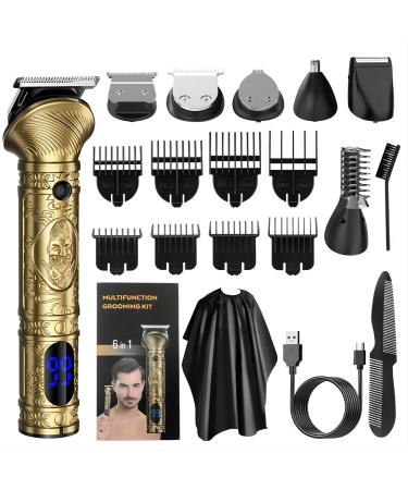 Roziapro Professional Mens Hair Trimmer 6 in 1 Hair Clippers Grooming Kit Cordless Beard Trimmer for Men USB Rechargeable LED Display (Gold)