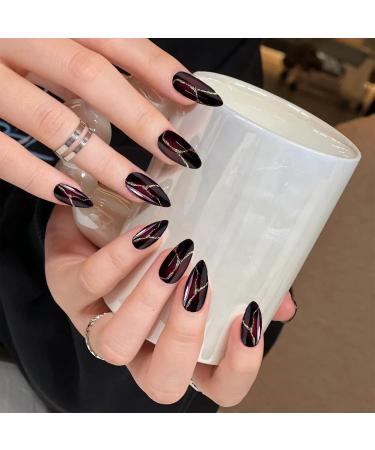 Shop Moguri Red Black Almond-Shaped Press On Nails | Elegant Artificial Nails with Golden Curved Line Design - Perfect for Weddings & Birthdays - Buy Online on GoSupps.com