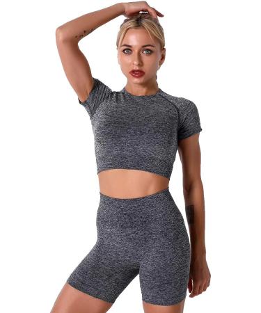 Women Seamless Yoga Outfits 2 Piece Set | Short Sleeve Crop Top & High Waisted Shorts | Activewear Set - Gray (Large) - Buy Online on GoSupps.com