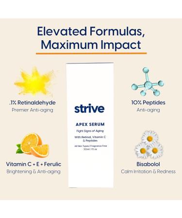 Strive Apex Anti-Aging Serum | Retinal Peptide & Vitamin C | Fragrance-Free Skin Care for All Skin Types | 30mL - Younger Healthier Brighter Skin - Buy Online on GoSupps.com
