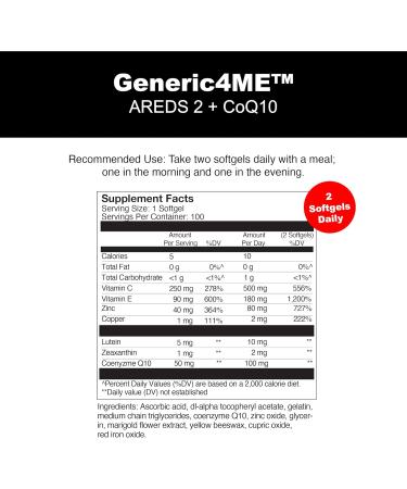 Generic4ME AREDS 2 SoftGels 100 mg CoQ10 for Heart Health 500 mg Vitamin C 400 IU Vitamin E 10 mg Lutein 2 mg Zeaxanthin 80 mg Zinc 2 mg Copper - Supports Eye Health - 100 Mini SoftGels - Buy Online on GoSupps.com