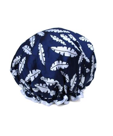 1 Pcs Shower Cap for Women Reusable Elastic Waterproof Printed Protection Hair Bath Cap (09 Navy Blue Feather)