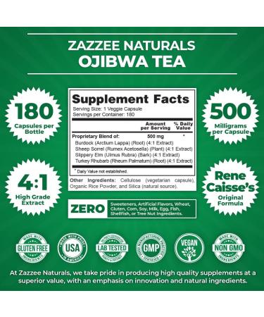 Zazzee Extra Strength Ojibwa Tea 500mg - 180 Vegan Capsules - Rene Caisse's Original Formula with Burdock, Sheep Sorrel, Slippery Elm, Turkey Rhubarb - Potent 4:1 Extracts - Vegan, Non-GMO, All-Natural - Buy Online on GoSupps.com