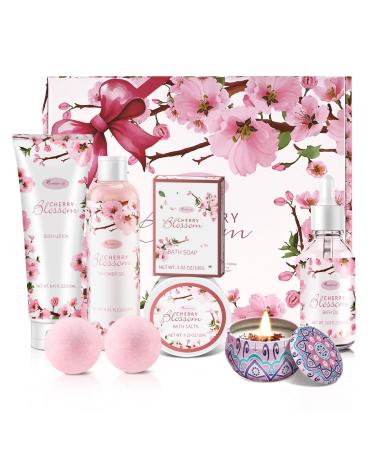 Bath and Body Gift Set for Women - Luxurious Home Spa Gift Set Japanese Cherry Blossom Scented 7-Piece Set Including Shower Gel Body Lotion Bath Oil Bath Salt Soap Bath Bombs and Candle