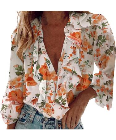 Women's XX-Large Orange Floral Butterfly Chiffon Ruffle V-Neck Pullover T-Shirt - Buy Online on GoSupps.com