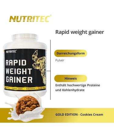 Nutritec Rapid Weight Gainer Gold Edition - 2kg Cookies Cream | Best Mass Gainer for Optimal Solubility & International Shipping - Buy Online on GoSupps.com