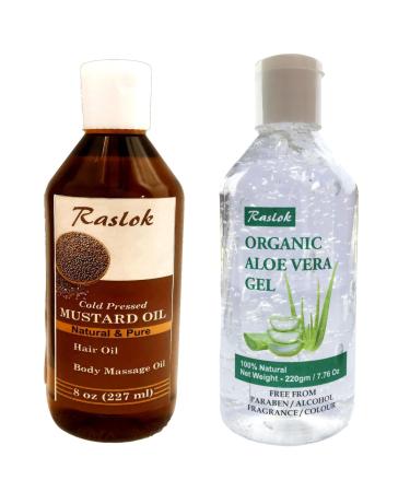 Raslok Mustard Oil 100% Pure & Natural Cold Pressed (8 Fl OZ) Aloe Vera Gel 100% Pure & Natural (7.76 OZ) Nourishing for Hair Skin & Massage Moisturizing & Hydrating Combo