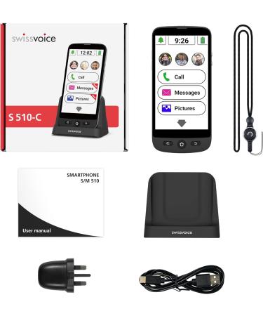 SWISSVOICE S510-C Senior Mobile Phone with Lanyard & Charging Dock - Big Buttons, Unlocked & SOS Button - Ideal Smartphone for Elderly - S510-M + Dock - Buy Online on GoSupps.com