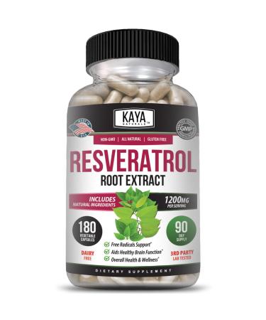 Kaya Naturals - Resveratrol Capsules - Anti Aging Supplement - Antioxidants with Brain Support - Maximum Benefits - 180 Veggies Capsules