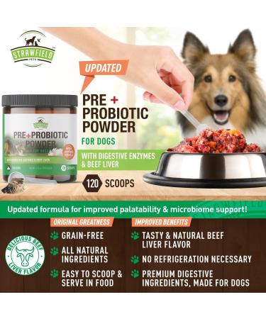 Probiotics for Dogs - 5 Billion CFU's Digestive Enzymes Prebiotics - Dog Allergies Diarrhea Bad Dog Breath Constipation Gas Yeast Hot Spots - Powder Supplement - 120 Grams - Strawfield Pets - Buy Online on GoSupps.com