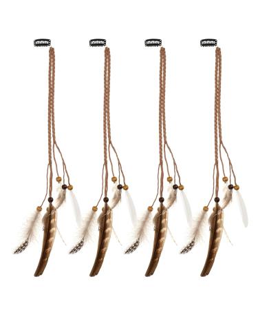 MWOOT 4Pcs Feather Hair Clips for Women Handmade Boho Hippie Hair Extensions Clip Tassel Hemp Rope Braided Beads Headdress Indian Style Feather Hair Accessories for Halloween Party Costume Decoration
