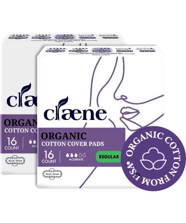 Claene Organic Cotton Cover Pads, Cruelty-Free, Menstrual Regular Sanitary Pads for Women, Unscented, Breathable, Vegan, Natural Sanitary Napkins with Wings (Regular, 2Pack, Total 32) 2 Pack