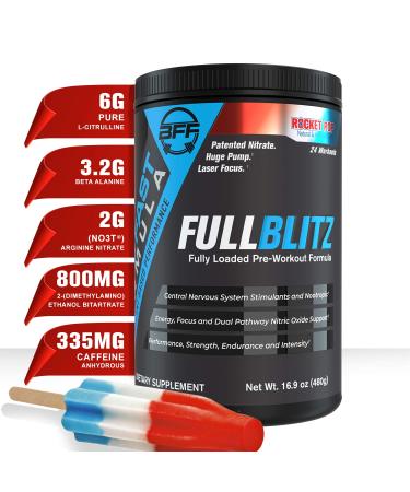 FULLBLITZ by BFF Build Fast Formula | Fully Loaded Pre-Workout | Energy Booster + Huge Dual Pathway Nitric Oxide Boosting Muscle Pumps, Laser Focus & Nootropic Blend – 24 Workouts (Rocket Pop)