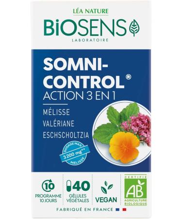 Biosens - Somni Control Vegetable Capsule - 3-in-1 Action - Melissa Valerian and Eschscholtzia - Certified Organic AB Vegan - Made in France - 10 Day Program - 40 capsules - Buy Online on GoSupps.com