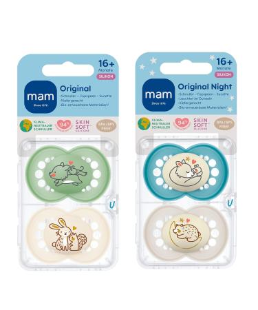 MAM Day & Night Skin Soft Silicone Pacifier Set (16+ Months) - 4 Pack with 2 Sterilized Transport Boxes - International Shipping Available - Buy Online on GoSupps.com