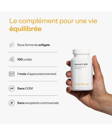 Vitamine E Naturelle - (D-Alpha Tocoph rol) - Bonne Sant de la Peau et des Cheveux - Aide Prot ger les Cellules Contre le Stress Oxydatif - 100 Softgels - Sans Gluten - SuperSmart - Buy Online on GoSupps.com