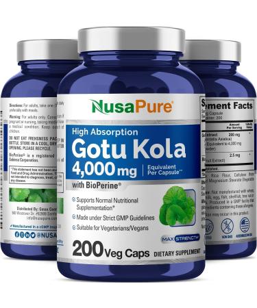 NusaPure Gotu Kola Capsules 20:1 Extract 200 mg Equivalent to 4000mg Per Veggie Caps 200 Count Non-GMO Vegan Bioperine - Traditional Herb Extract - Buy Online on GoSupps.com