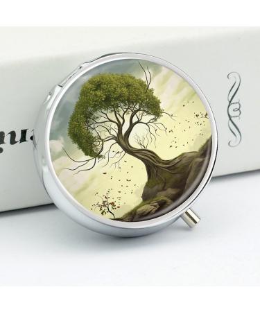 Round Pill Box with Trees Print - 3 Compartment Medicine Organizer - Decorative Metal Portable Pill Case | Style-18 - Buy Online on GoSupps.com