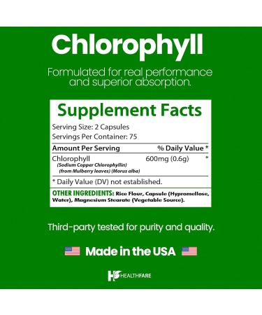 Healthfare Chlorophyll Capsules 600mg | Internal Deodorant & Body Odor Support | 150 Veg Pills for Women & Men | Premium Plant-Based Supplement | Vegan Non-GMO Gluten-Free | Made in USA - Buy Online on GoSupps.com