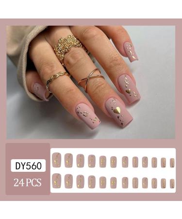 24pcs Almond Square Press on Nails - Full Cover Acrylic False Nails with Glue - Golden Love Style for Women and Girls - Buy Online on GoSupps.com