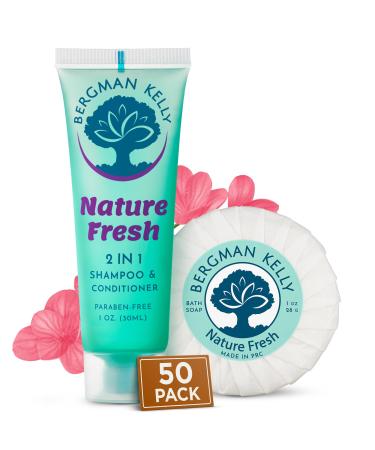 BERGMAN KELLY Round Soap Bars 2in1 Shampoo & Conditioner 2-Piece Set (Nature Fresh 1 oz each 100 pc) Delight Your Guests with Refreshing & Soothing Hotel Amenities & Bulk Toiletries