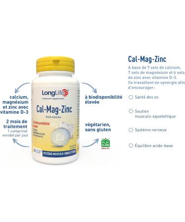 LongLife Cal-Mag-Zinc | Calcium Magnesium & Zinc with Vitamin D | High Bioavailability | Helps Nervous System & Bone Health | 60 Tablets | Vegetarian & Gluten Free - Buy Online on GoSupps.com