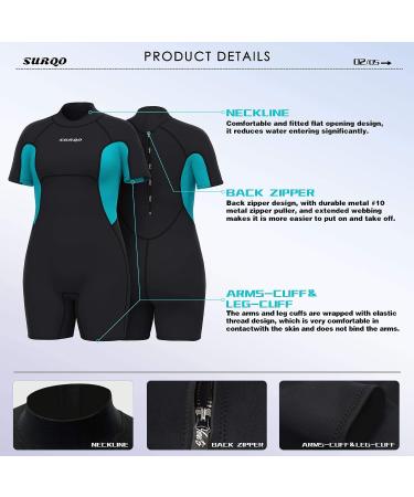 SURQO Shorty Wetsuit 2mm Neoprene Front Back Zip Women's Large - Blue | Ideal for Surfing, Swimming, Diving - Buy Online on GoSupps.com