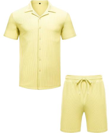 AstoSeu Men's Short Sleeve Shirt and Shorts Set - Light Yellow, X-Large - Buy Online on GoSupps.com