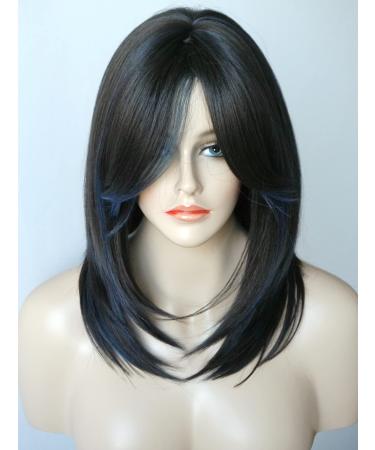 Medium Length Layered Wigs Highlights wigs Layered wig with bangs Synthetic wig Highlight for white Women (Black blue mixed)