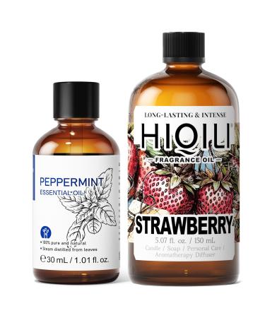 HIQILI 30ML Peppermint Essential Oil & 150ML Strawberry Fragrance Oil for DIY Diffuser
