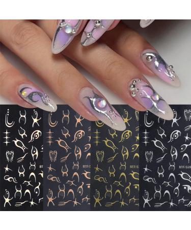 fuldgaenr 4 Sheets Nail Art Stickers Decals Laser Geometric Pattern Nail Decals Self-Adhesive Irregular Nail Art Supplies for Nail DIY Decoration 3D Nail Accessories for Women French Nail Design Spring 03