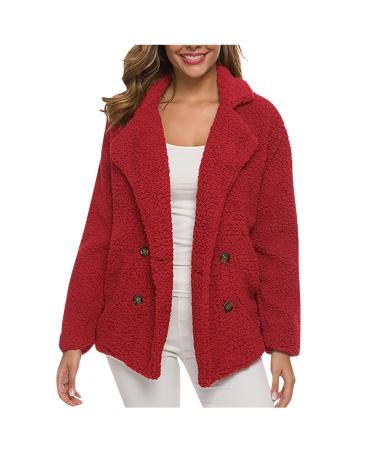 Winter Jacket For Women Women's Fall Winter Clothes Casual Padded Thickened Suit Collar Button Wool Warm Fuzzy Cardigan Large 3-Red