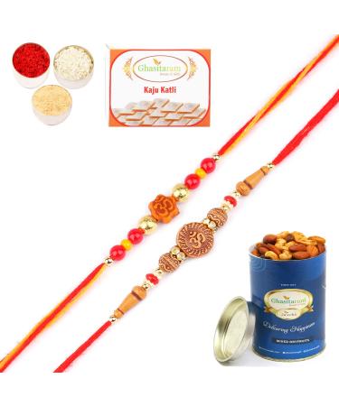 Ghasitaram Gifts Rakhi for Brother Rakhis Online - Set of 2-6074 and 6325 Om Rakhi Threads with 100 GMS of Dryfruits Mix Can 200 GMS of Kaju katli