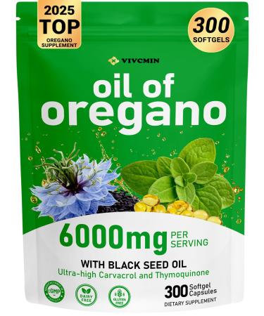 Oregano Oil 300 Softgels 6000mg Oil of Oregano with Black Seed Oil for Immune & Digestive Support aceite de Oregano with High Carvacrol & Thymoquinone Non-GMO | 150 Days Supply 300 Count (Pack of 1)
