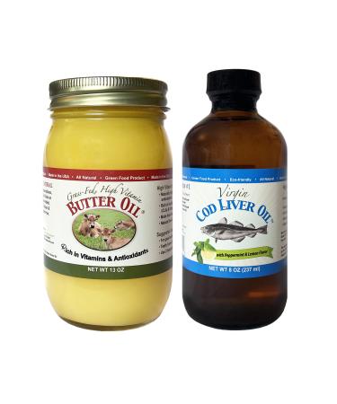 High Vitamin Butter Oil (13 Oz) & Virgin Cod Liver Oil High in Vitamin D Omega 3 DHA/EPA (8 Oz Mild Lemon & Peppermint Flavor)