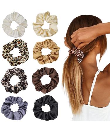 LIHELEI Satin Hair Scrunchies for Women  8PCS Leopard Silk Satin Ponytail Holder  Solid Color Elastic Hair Bands Scrunchy Hair Ties Ropes for Women Girls Ladies
