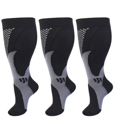 Plus Size Compression Socks foe Womens Wide Calf Knee High Support Stockings Graduated 15-20 mmHg (3 Pairs)