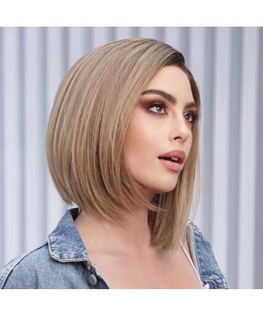 HAIRCUBE Brown Blonde Bob Wigs for Women - Highlight Front Lace Natural Wig with Dark Roots - Shop Internationally! - Buy Online on GoSupps.com