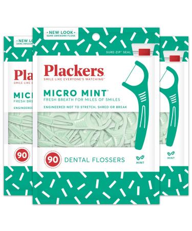 Plackers Micro Mint Dental Floss Picks, 90 Count (Pack of 3)