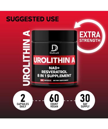 DEDICAD Urolithin A Supplement 1000mg with NAD+, CoQ10, Resveratrol and 4 More for Men & Women - 60 Capsules for 30 Days - Buy Online on GoSupps.com